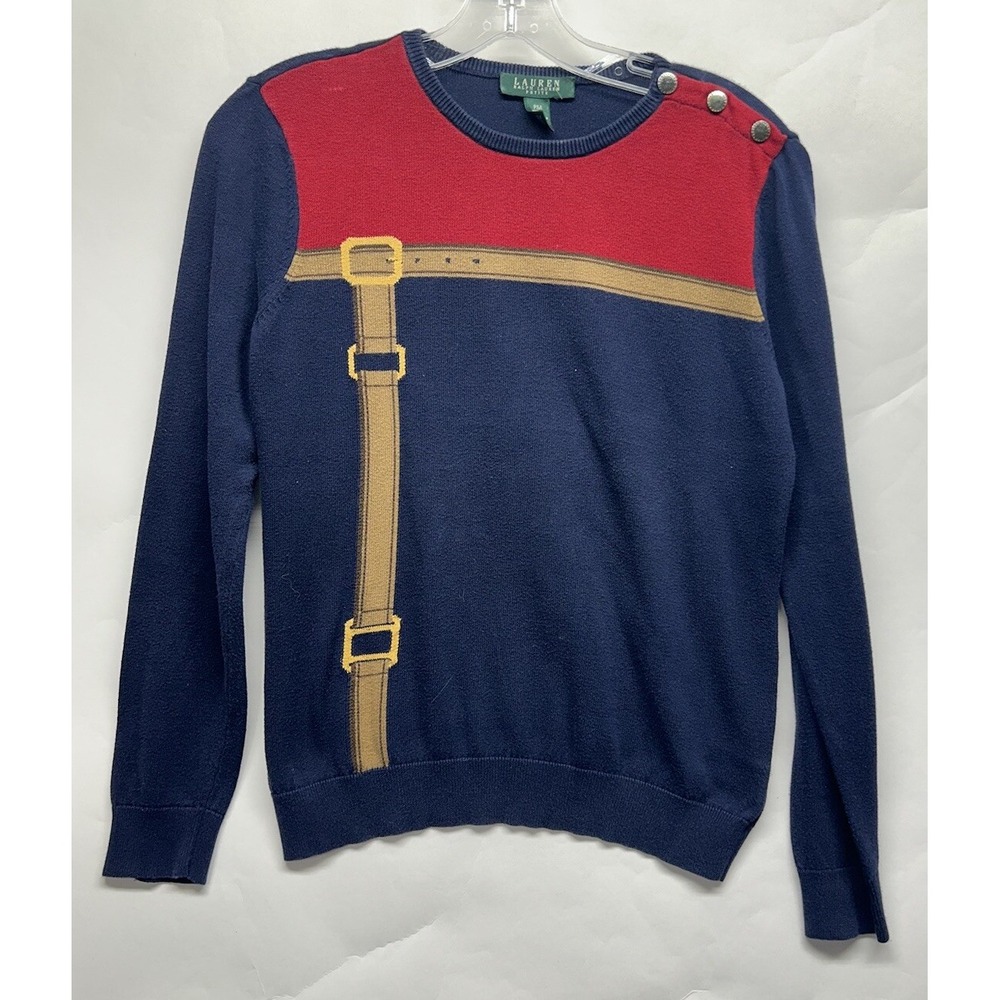 Lauren Ralph Lauren Womens Size PM Blue Equestrian Horse Bit Sweater (S8)
